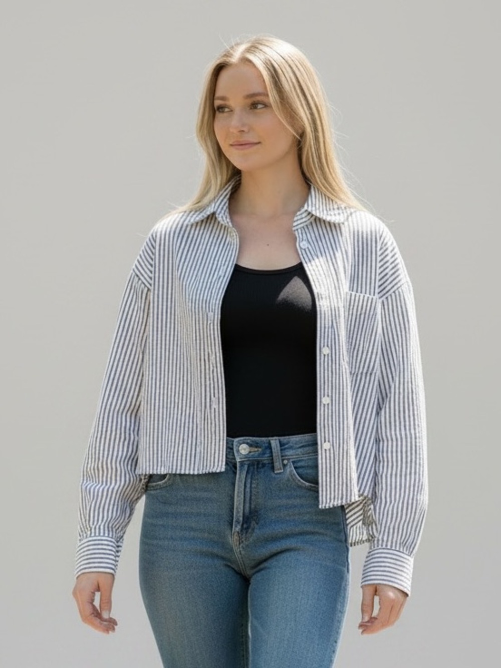 American Eagle White Shirt with Black Stripes *cropped